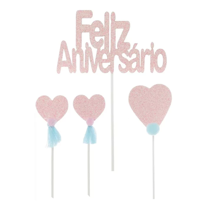 Conjunto de 4 topo de bolo exuberante e colorido perfeito para celebrações de aniversário.Apresenta uma atraente palavra 'Feliz Aniversário' como padrão.Ideal para incrementar bolos de aniversário e criar momentos memoráveis.A escolha perfeita para adicionar um toque especial e afetuoso a qualquer festa de aniversário. Um topo de bolo de aniversário colorido e divertido