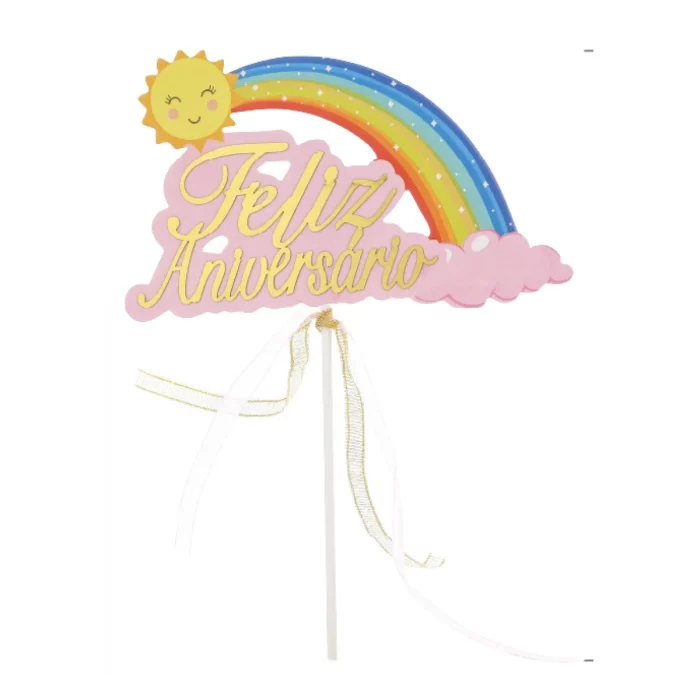 Topo de bolo de alta qualidade com design colorido para aniversário rosa.Embalado individualmente