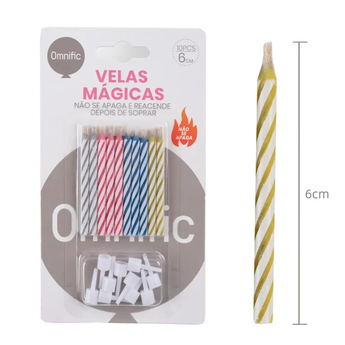 Pacote inclui 10 velas mágicas de aniversário coloridas vibrantes criando um visual incrível.Tamanho premium de 6.0cm adicionando um charme extra ao seu bolo de aniversário.Excelente tanto para celebrações de aniversário de crianças quanto de adultos