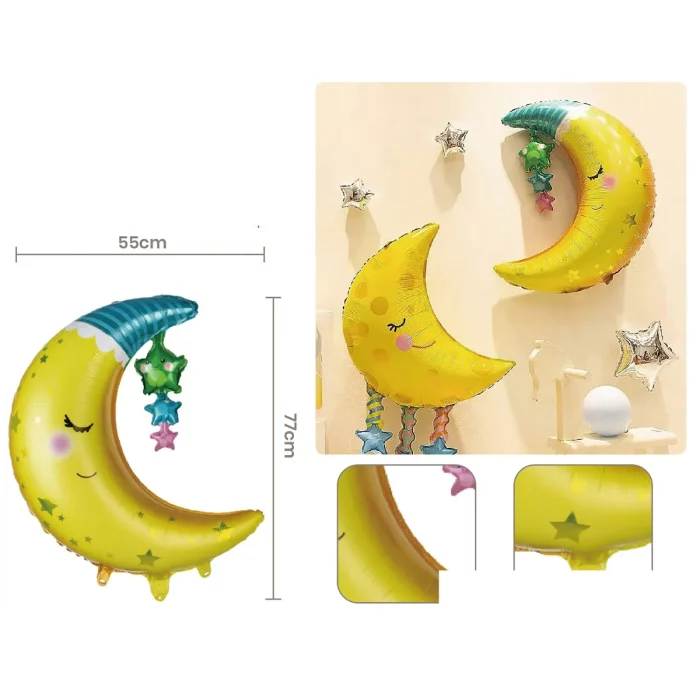 - O Balão Mylar com design de estrela e lua é grande