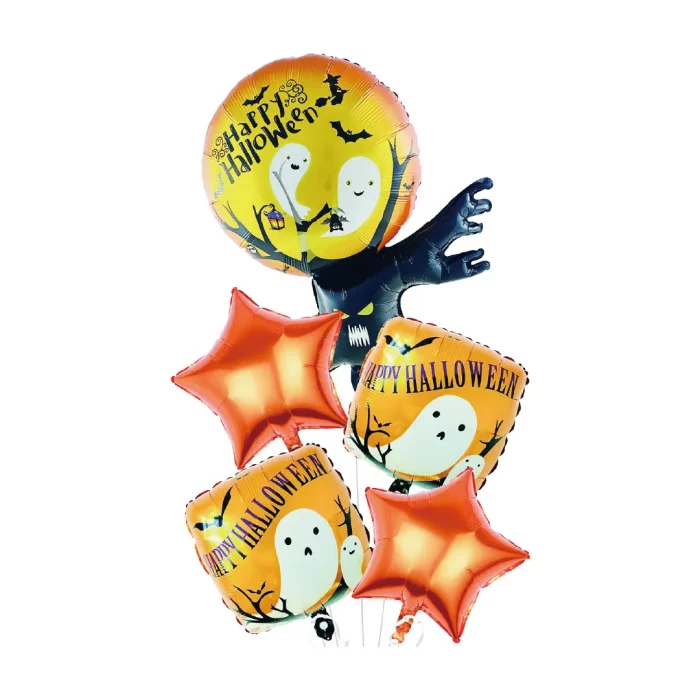 Este kit de balões para Halloween traz um ambiente assustador mas divertido para a sua festa.O pacote contém 5pcs de balões moldados em alumínio em formato de árvore fantasma para aumentar a atmosfera de tudo. Kit assustador mas divertido para decorar sua festa de Halloween. 5pcs de balões de alumínio moldados como árvores fantasmas.