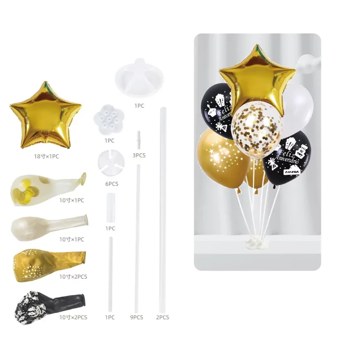 Balões dourados de alta qualidade em formato de estrela.Kit completo com 7 itens para comemorações de aniversário.Tamanho grande de 18 polegadas para visibilidade máxima.Inclui o suporte para posicionamento dos balões.Carrega a palavra 'Feliz Aniversário' para celebrar com estilo. Comemore com nosso luxuoso kit de balões dourados de aniversário. Completo com suportes e balões de estrela de 18 polegadas