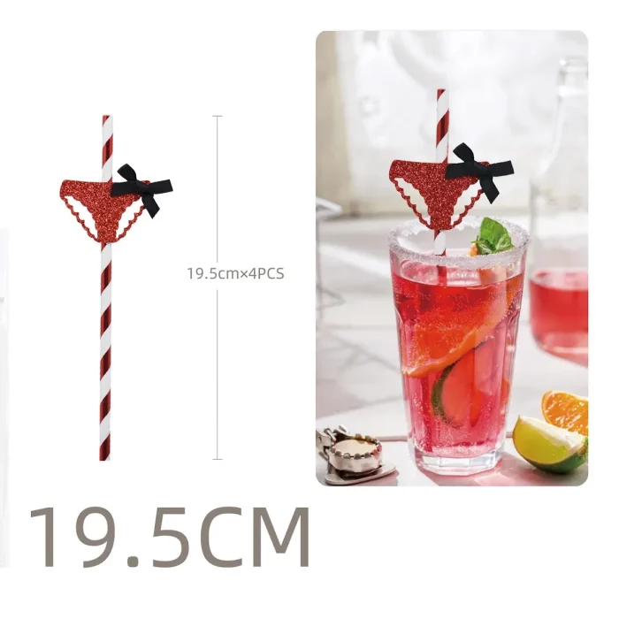 Surpreenda seus convidados com esta calcinha sexy única em vermelho com detalhes em dourado.Este pacote contém 4 palhinhas de papel