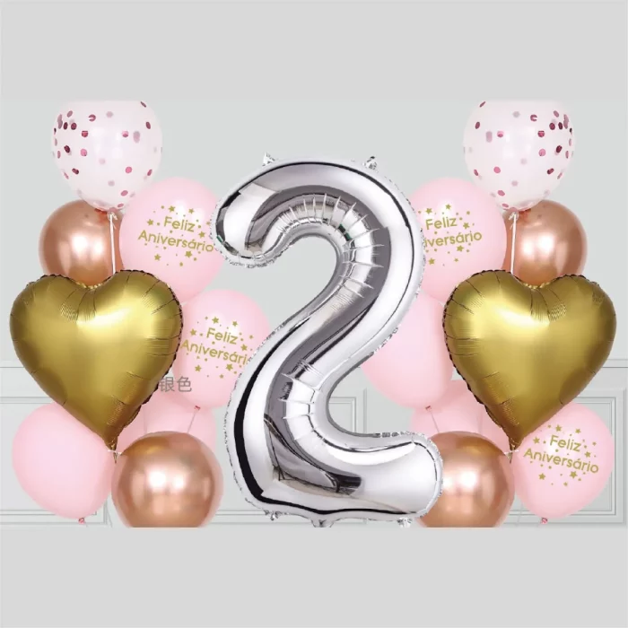 Este kit contém 17 balões Mylar de alta qualidade em tons de rosa perfeitos para festas de aniversário de 2 anos.O pacote inclui uma variedade de tamanhos e formas para criar uma decoração de festa encantadora e alegre. Um encantador kit de balões rosa Mylar para celebrar o segundo aniversário com alegria e estilo.