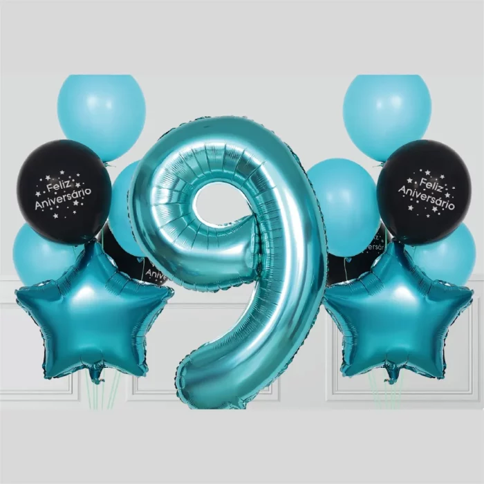Este kit fornece 13 impressionantes balões Mylar em tons impressionantes de preto e verde.Balões temáticos perfeitos para festas de aniversário do 9º ano