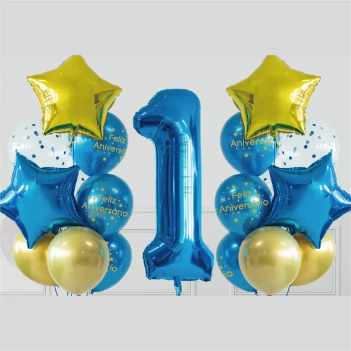 Este pacote inclui 19 balões azuis Mylar perfeitos para festa de primeiro aniversário.A cor azul vibrante chamará a atenção e criará uma atmosfera de festa alegre. Kit com 19 balões mylar na cor azul para a festa de primeiro aniversário.