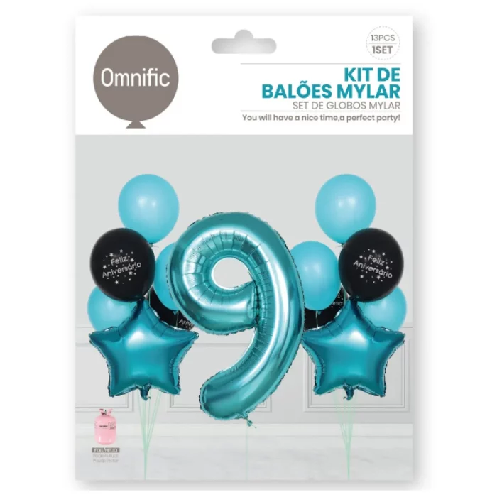 proporcionando belas decorações e ótimas oportunidades fotográficas. Kit para festas de 9 anos contendo 13 balões Mylar únicos em tons preto e verde.