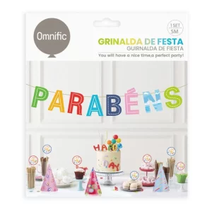 perfeita para celebrações de aniversário ou aniversários.Inclui um total de 16 letras coloridas para uma decoração festiva completa.As cores do arco-íris adicionam um toque vibrante para qualquer festa de aniversário ou comemoração de aniversário. Uma grinalda  celebrativo colorida com 16 letras que formam a palavra 'Parabens'. Ideal para aniversários e celebrações.