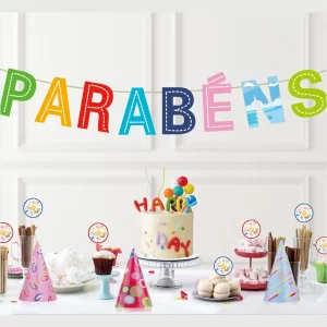 Grinalda de aniversário na palavra 'Parabens'