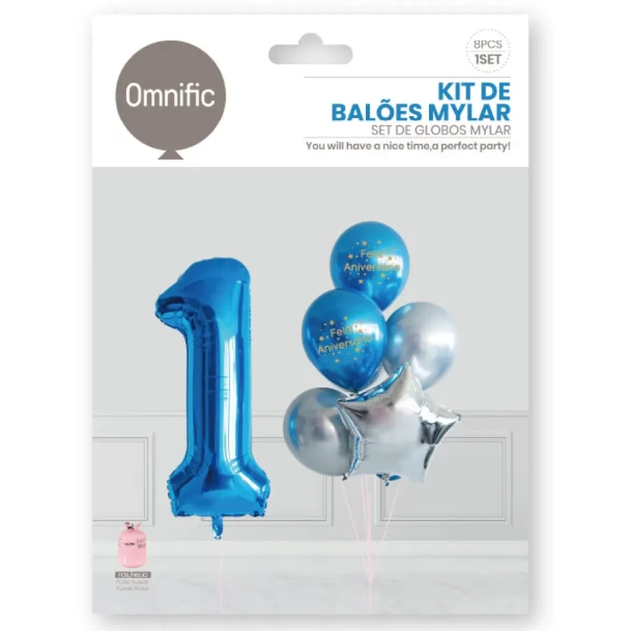 complementando a decoração e trazendo muita alegria. Celebre o primeiro ano de vida do seu filho com nosso Kit de Balões Mylar Azuis! Perfeito para agregar na decoração de festas.