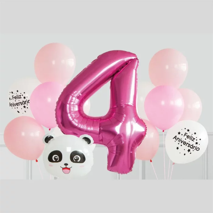 Kit inclui 16 balões decorativos rosa com design de panda.Perfeito para festas de aniversário temáticas de 4 anos ou celebrações com tema de panda. Kit de balões rosa temáticos de panda