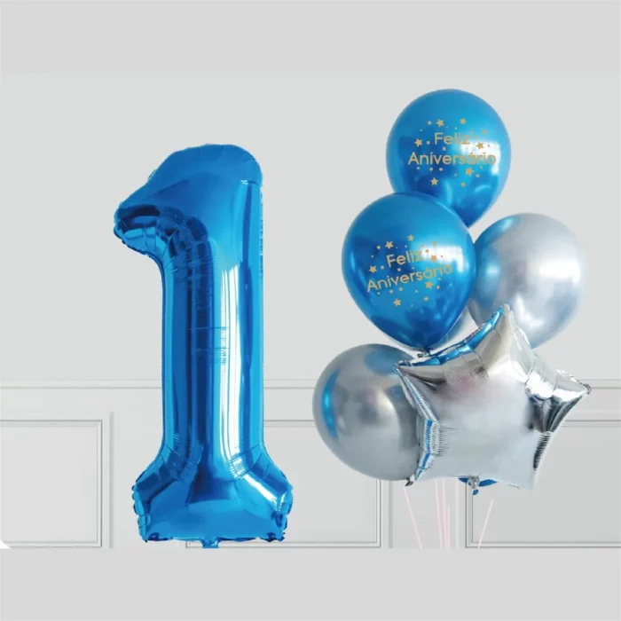 Este kit contém 8 balões Mylar de alta qualidade na cor azul.Perfeito para festas de crianças de 1 ano