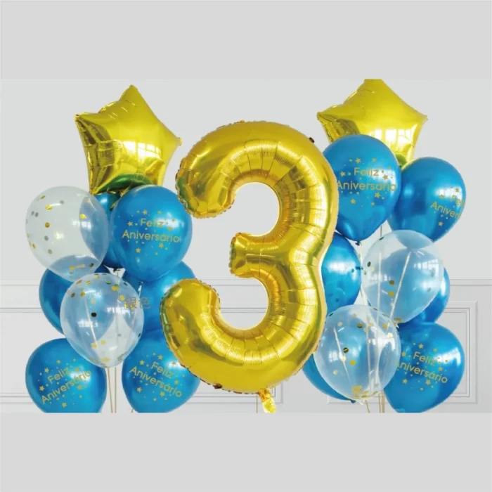 Kit inclui 21 balões Mylar de alta qualidade em amarelo e azul.Perfeito para festas de aniversário de crianças de 3 anos.Balões duráveis e reutilizáveis que farão a festa brilhar. Kit de Balões Mylar amarelo e azul