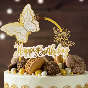Este topper de bolo de aniversário possui um design elegante em acrílico dourado