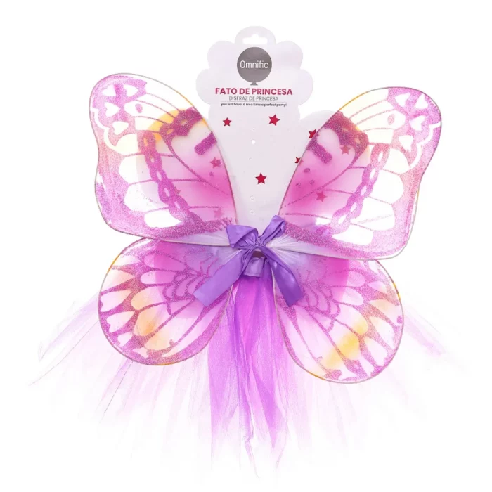 este conjunto de princesa rosa deslumbrante irá encantar e maravilhar.Consiste em um vestido rosa e uma varinha de condão em formato de borboleta