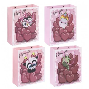 A beautifully designed pink gift bag featuring heart and animal motifs