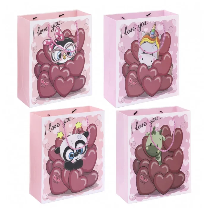 A beautifully designed pink gift bag featuring heart and animal motifs