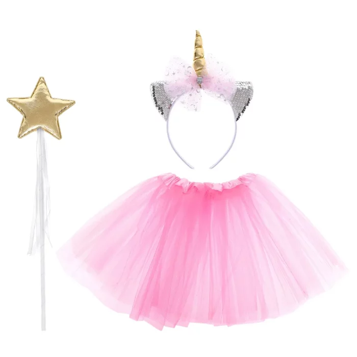 Este conjunto de fantasia de princesa unicórnio inclui um vestido rosa pastel