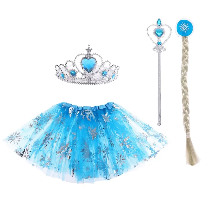 Este adorável conjunto de princesa em azul inclui uma coroa e flocos de neve