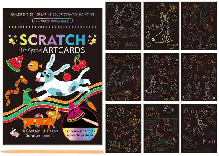 Este pack contém nove cartões criativos de raspadinha A5 com imagens de animais do parque para despertar a imaginação das crianças.Cada cartão mede 21cm x 15cm