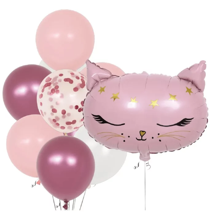 Este atraente kit de balões rosa com tema de gato é perfeito para todos os tipos de festas.Contém 10 peças