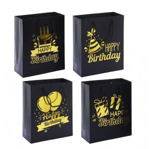 Saco de presente temático de aniversário com design de balões dourados