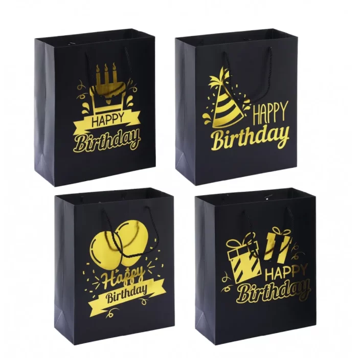 Saco de presente temático de aniversário com design de balões dourados