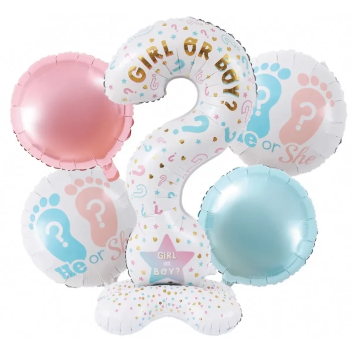 Este kit de balões para revelação do sexo do bebê vem com um balão de alumínio em forma de interrogação. Esses balões são perfeitos para surpreender seus convidados e fazer um anúncio emocionante.Os balões são coloridos