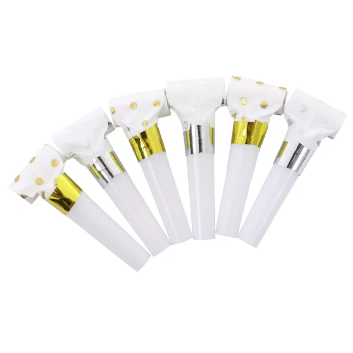 Features: The accent of gold and silver polka dots brings a chic and festive touch to your party. Perfect for any celebration and adds a fun element to the party.Size and Packaging: Each blowout measures 6.5cm and comes in a pack of 6