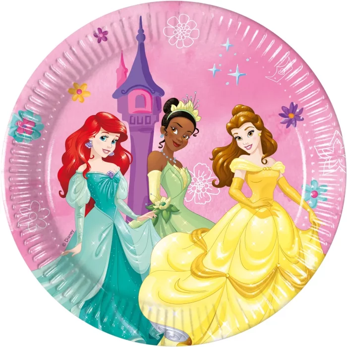 O pacote inclui 8 pratos de papel de 20cm coloridos e temáticos de princesa.Pratos projetados para um toque elegante e feminino em sua festa ou evento. Desfrute da festa com nosso Prato de Papel Princesa