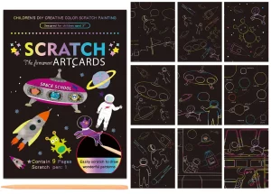 Pacote contém 9 cartões de raspadinha criativos da série espacial em tamanho A5 (21cm x 15cm).Cada cartão possui um design exclusivo