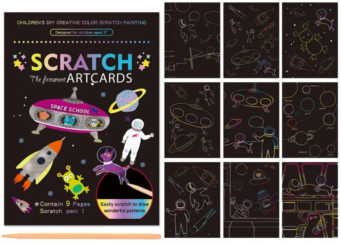Pacote contém 9 cartões de raspadinha criativos da série espacial em tamanho A5 (21cm x 15cm).Cada cartão possui um design exclusivo