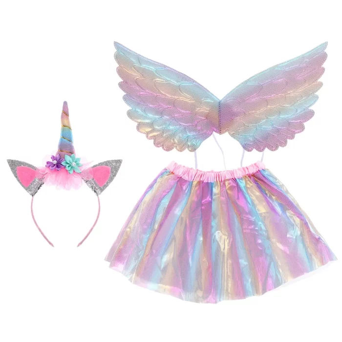 Este conjunto de três peças de Princesa Unicórnio é perfeito para todas as ocasiões de vestir festa. Apresenta um design colorido único que é certo para capturar a imaginação.O conjunto inclui um vestido de princesa