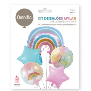 acrescentando um elemento de surpresa e emoção. Crie um ambiente festivo fantástico com estes balões atraentes. Um kit de balão foil vibrante de 5 peças em belas cores de arco-íris