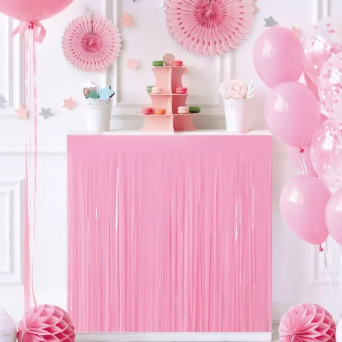 Luxuriously designed Rain Silk Macaron Pink Table Skirt brings a stylish and elegant touch to your celebrations.Generously sized at 74*274cm