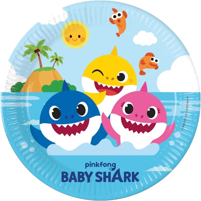 Esses pratos de festa de 23cm apresentam desenhos do amado personagem Baby Shark