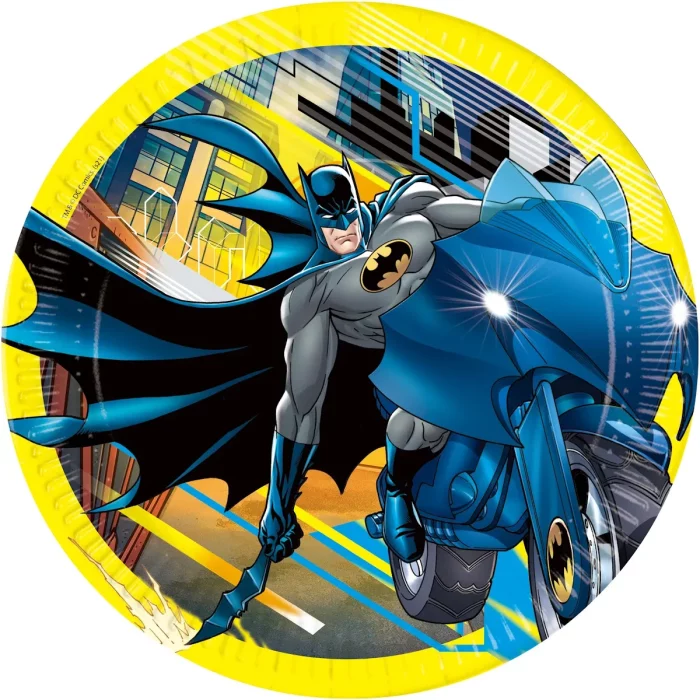 Conjunto composto por 8 pratos descartáveis com um detalhado design do Batman
