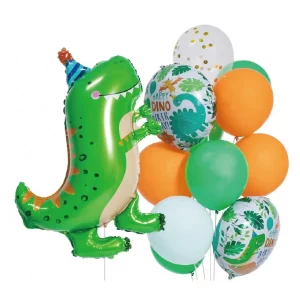 Este conjunto de festa inclui 13 balões Mylar com um design animado de dinossauro