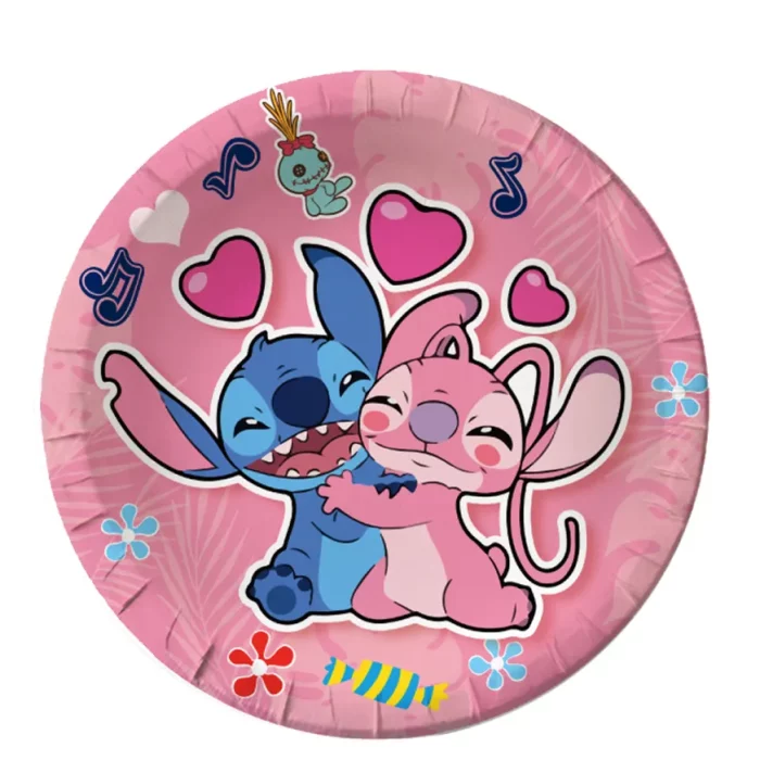 Pratos descartáveis rosa com design temático do personagem Stitch. Perfeitos para festas infantis ou eventos especiais.Pratos de 18cm