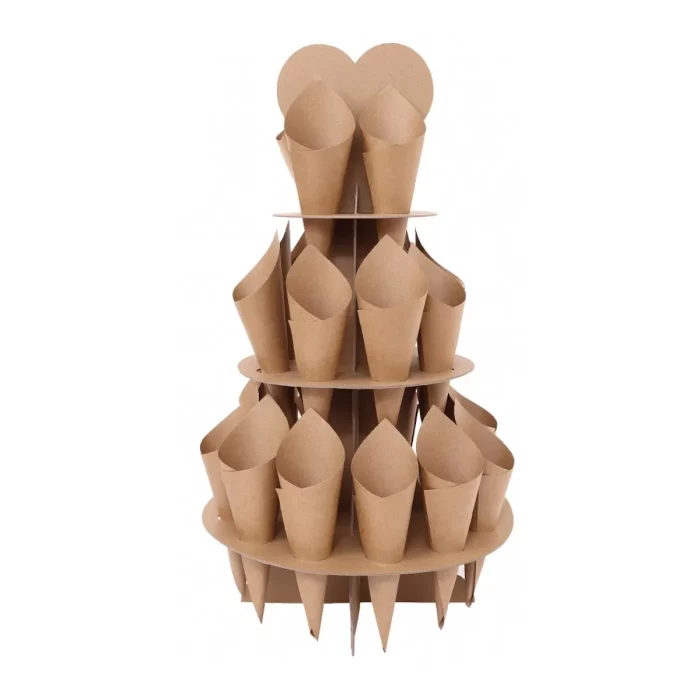 Este conjunto de suportes de cone de papel kraft redondos é o complemento perfeito para qualquer festa. Cada conjunto inclui suportes de tamanho 35cm x 59cm
