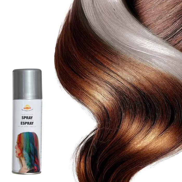 Este spray para cabelo é de cor prateada