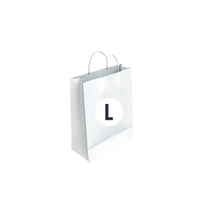 Este saco de papel branco tamanho L é perfeito para empacotar presentes de festa ou decorações.Medindo 14cm x 40cm x 32cm
