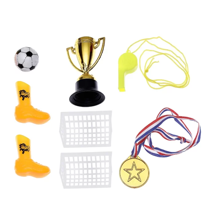 Conjunto rico e diversificado: Este conjunto de brinquedos para festas inclui mini copos de prêmio e um conjunto de futebol