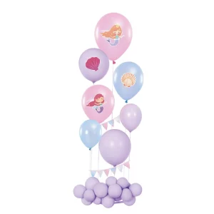 Este kit de balões temáticos de sereia inclui 21 peças para completar sua decoração de festa.Os balões com suporte incluídos no kit podem ser facilmente instalados e posicionados na mesa para acentuar a decoração do seu evento. Kit de balões de festa temáticos de sereia com 21 peças