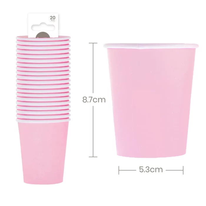 Este pacote contém 20 copos de papel de alta qualidade na adorável tonalidade rosa.Os copos têm uma capacidade de 9oz