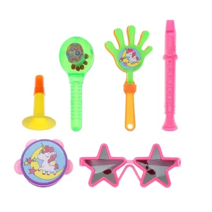 Este mini kit de brinquedos de festa possui uma série de instrumentos incluindo uma mão