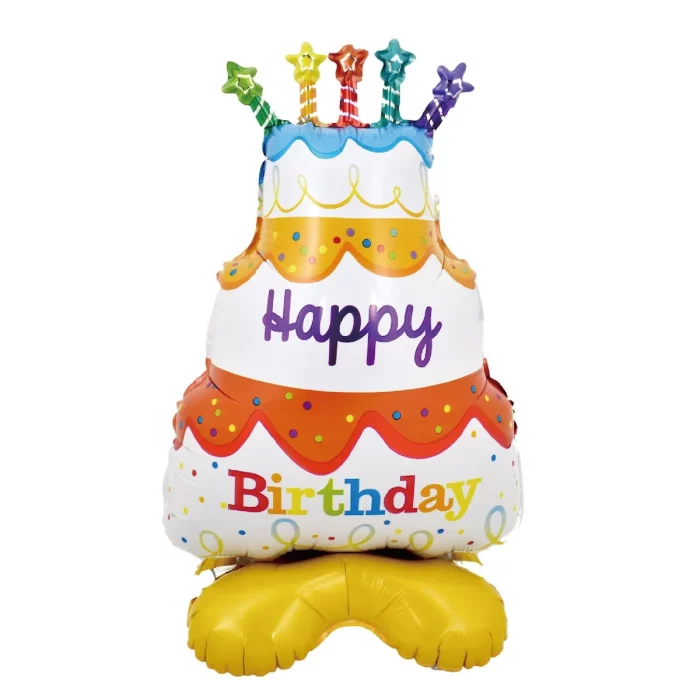 Balão de alumínio em formato de bolo ideal para celebrações de aniversários e aniversários.O tamanho imponente de 33cm x 57cm cria uma decoração de festa impressionante. Este é um balão de aniversário em formato de bolo com o tamanho de 33 cm x 57 cm.