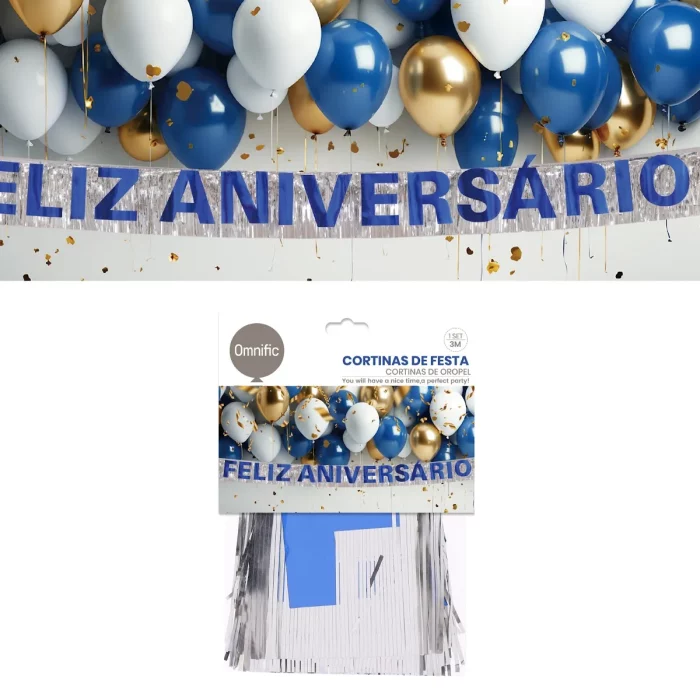 Cortina luxuosa prateada para comemorações de aniversário ou aniversários de prata.Medindo 3 metros